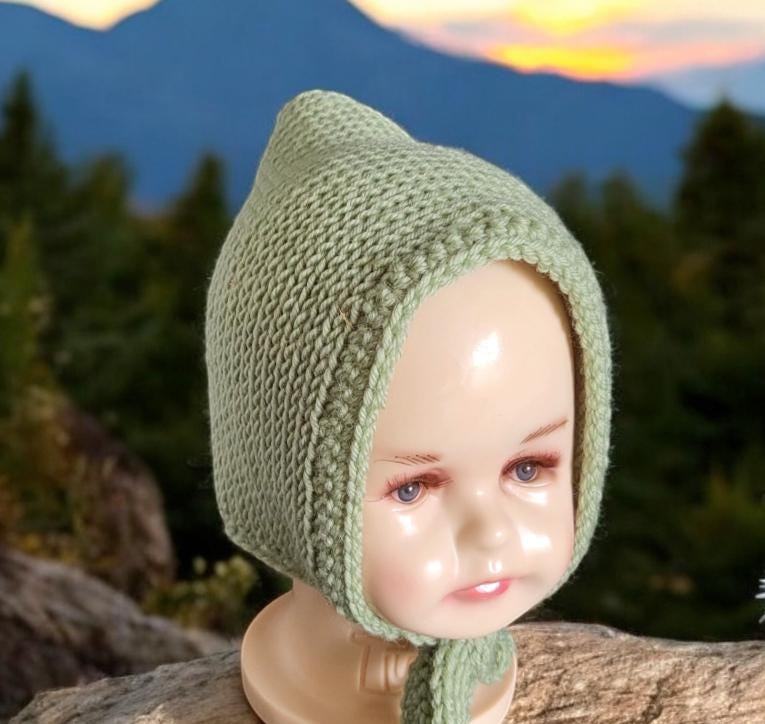 Handmade Merino Wool Knitted Baby Bonnet – Green Pixie Hat (6-18 Months)