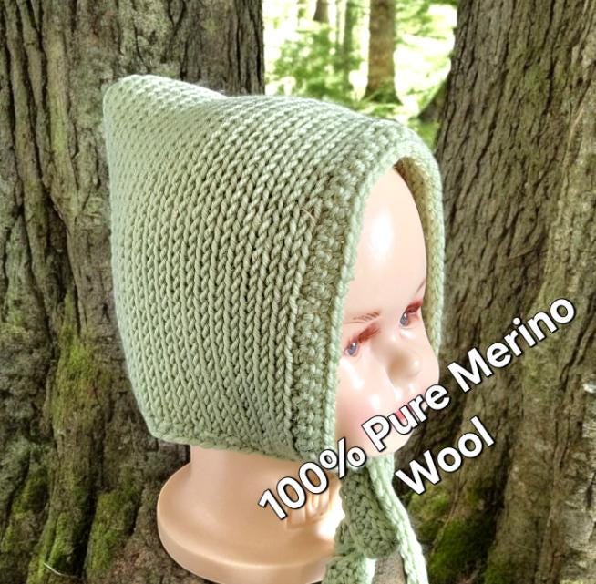 Handmade Merino Wool Knitted Baby Bonnet – Green Pixie Hat (6-18 Months)