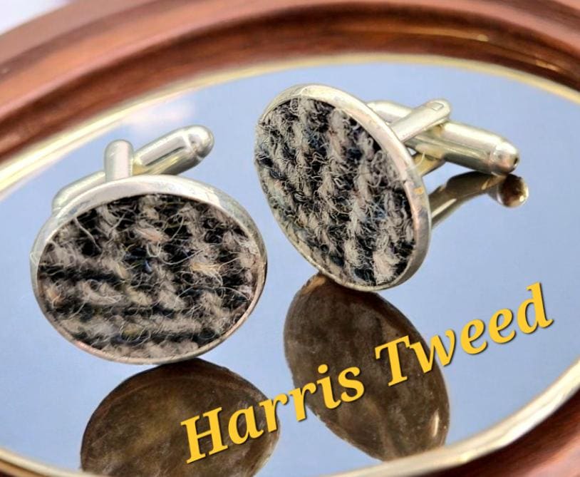Handmade Harris Tweed Cufflinks, Grey Herringbone, Gift Box