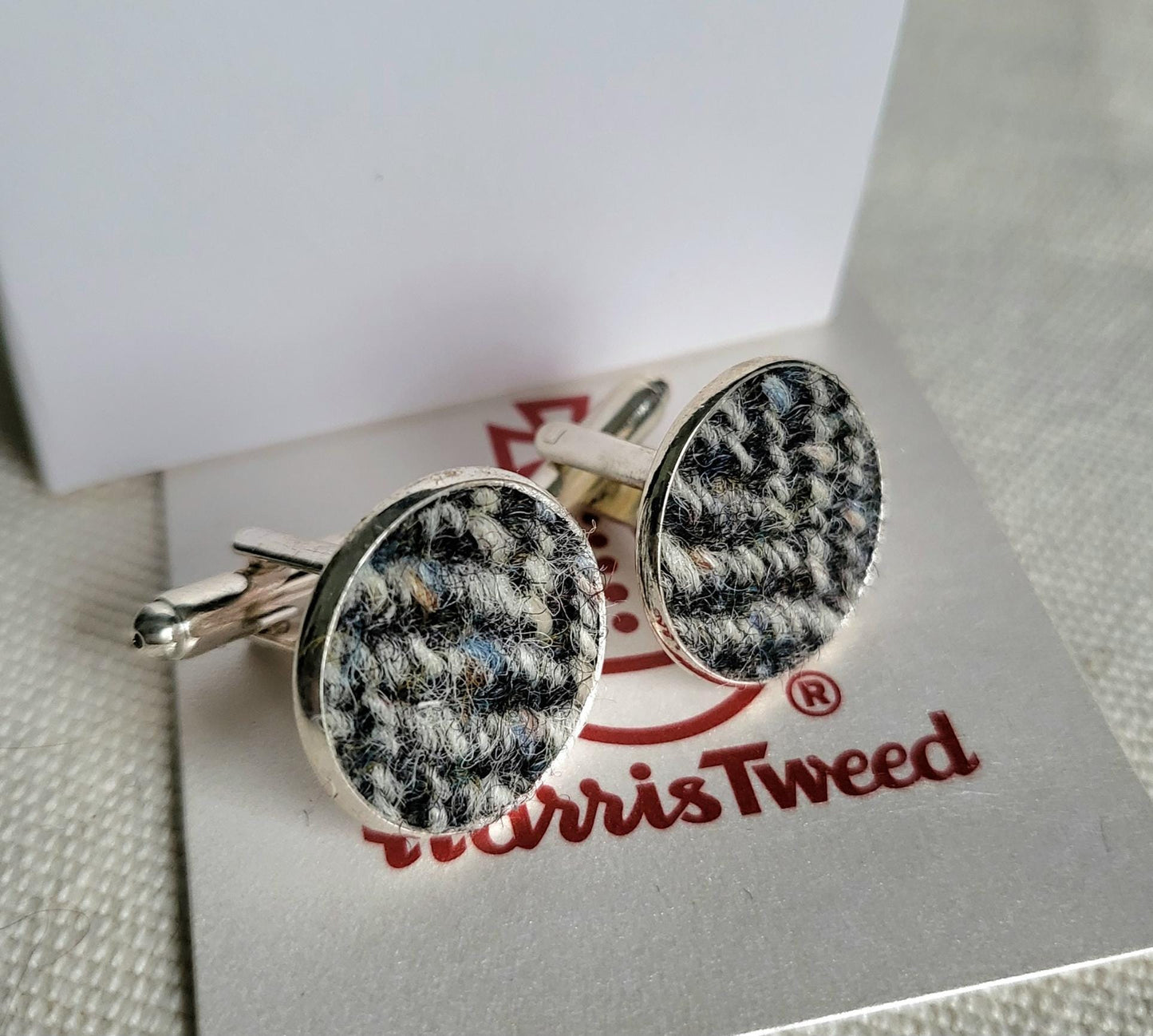 Handmade Harris Tweed Cufflinks, Grey Herringbone, Gift Box