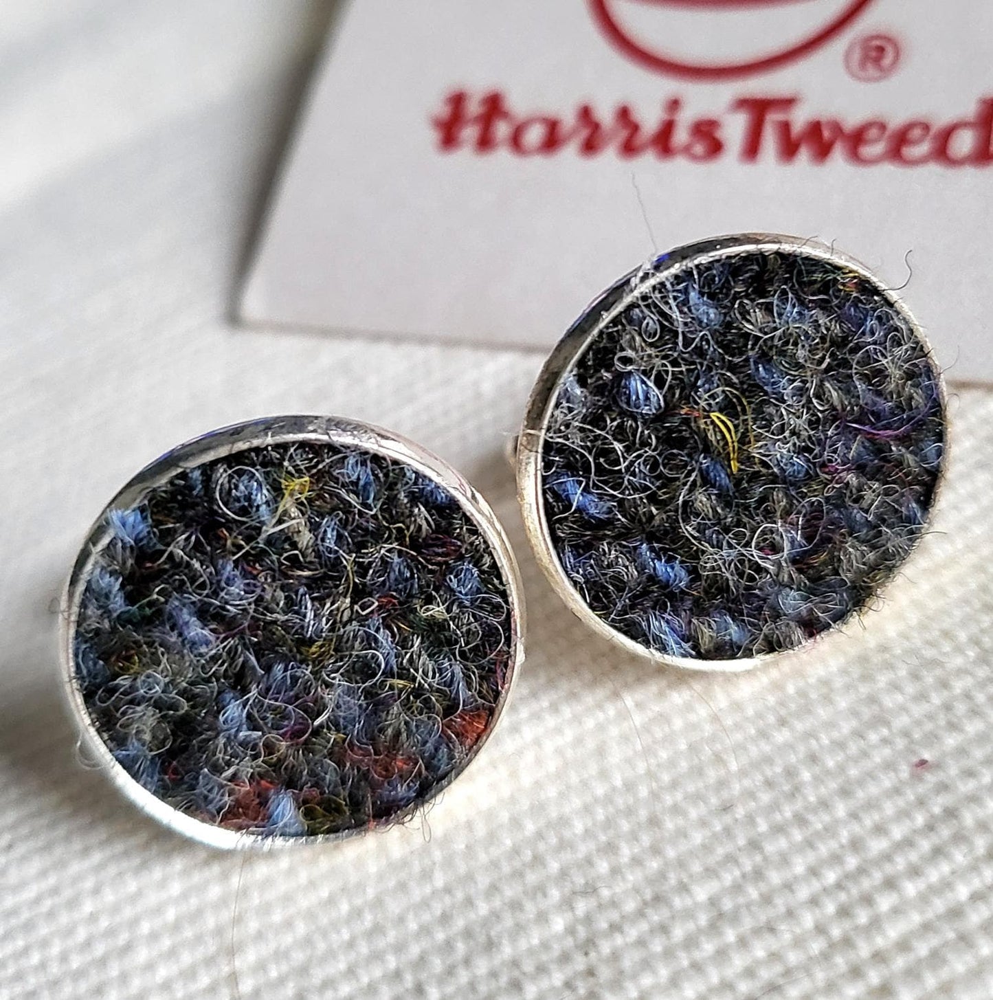 Handmade Harris Tweed Cufflinks, Grey & Blue Fleck, 18mm
