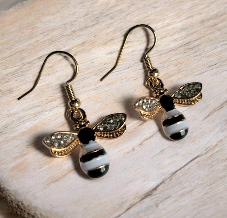 Gold Bumble Bee Drop Earrings, Diamante Wings