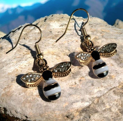Gold Bumble Bee Drop Earrings, Diamante Wings