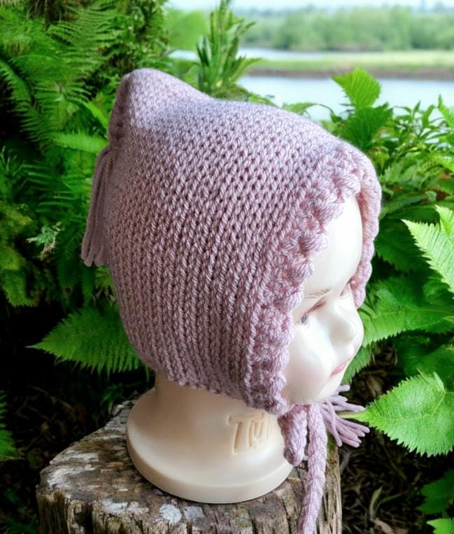 Dusky Pink Knitted Baby Bonnet – Woodland Elf Style, 6-18 Months