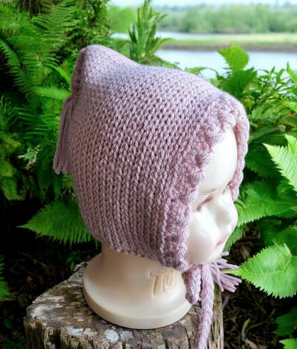 Dusky Pink Knitted Baby Bonnet – Woodland Elf Style, 6-18 Months