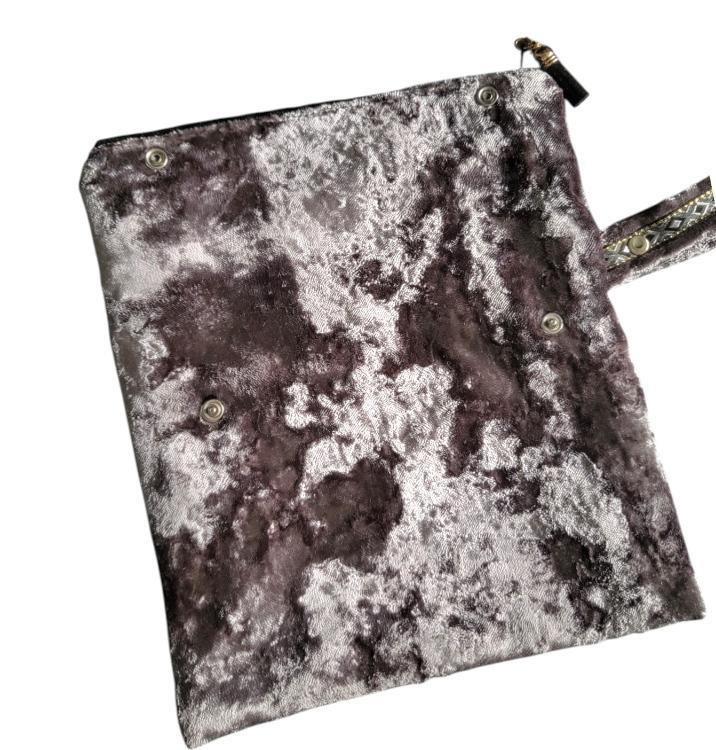 Silver Grey Crushed Velvet Clutch Bag Wristlet With Braid OOAK Fully Lined In Lilac Zip Up Party Holiday Goth Funky Travel Gift BG24