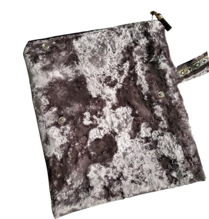 Silver Grey Crushed Velvet Clutch Bag Wristlet With Braid OOAK Fully Lined In Lilac Zip Up Party Holiday Goth Funky Travel Gift BG24