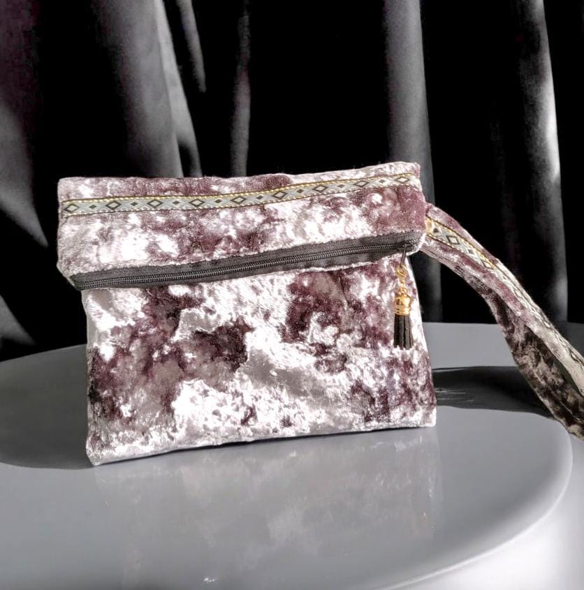 Silver Grey Crushed Velvet Clutch Bag Wristlet With Braid OOAK Fully Lined In Lilac Zip Up Party Holiday Goth Funky Travel Gift BG24
