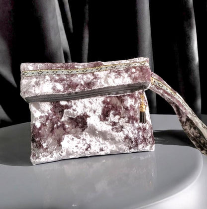 Silver Grey Crushed Velvet Clutch Bag Wristlet With Braid OOAK Fully Lined In Lilac Zip Up Party Holiday Goth Funky Travel Gift BG24