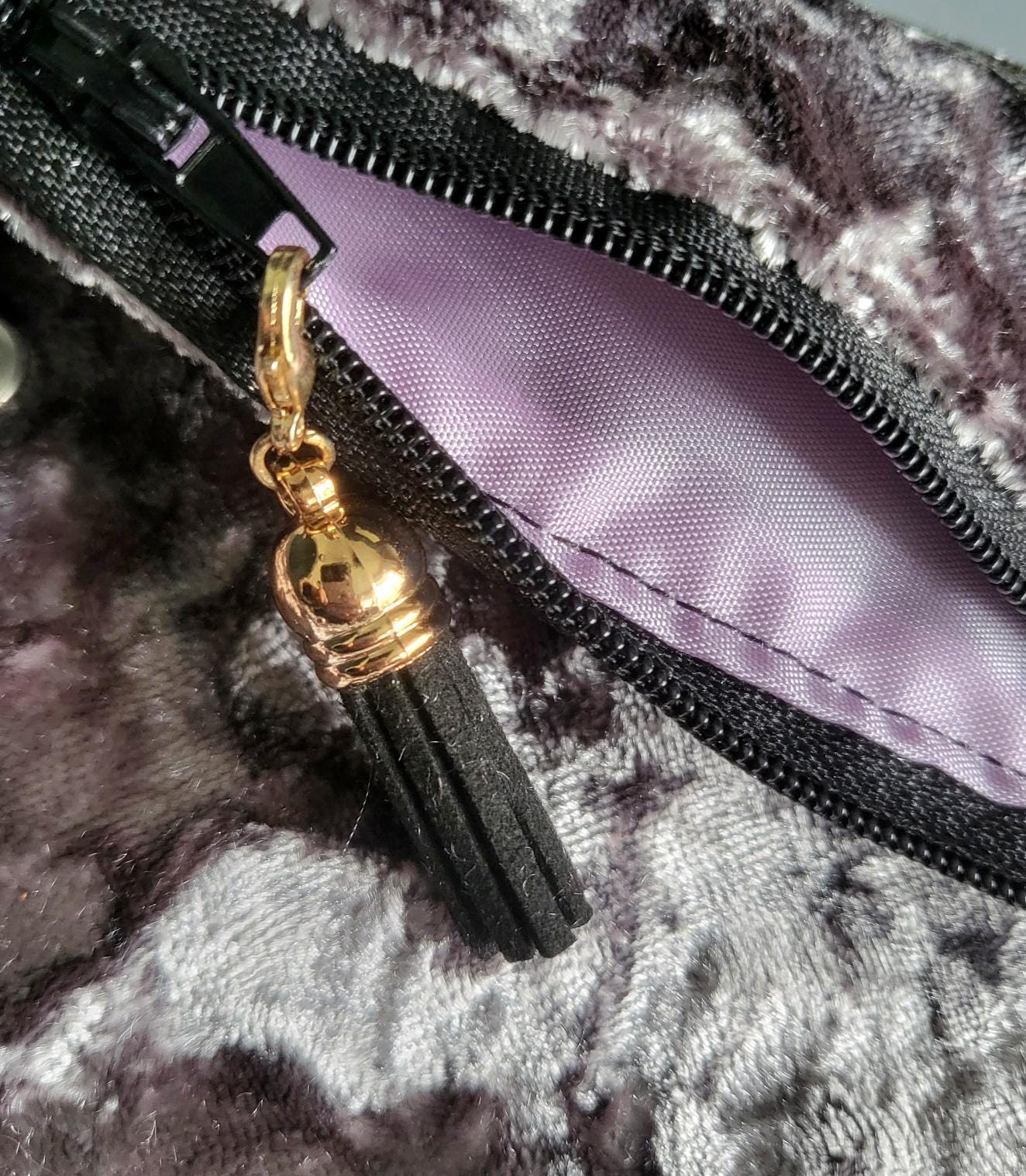 Silver Grey Crushed Velvet Clutch Bag Wristlet With Braid OOAK Fully Lined In Lilac Zip Up Party Holiday Goth Funky Travel Gift BG24