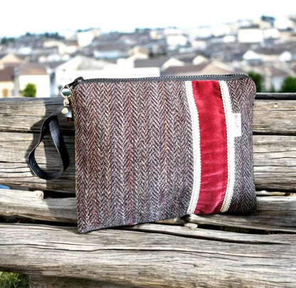 Handmade OOAK Harris Tweed & Velvet Clutch Bag Wristlet Pouch Herringbone Brown Fully Lined In Red Great For Travel Holiday Etc Gift HTA4
