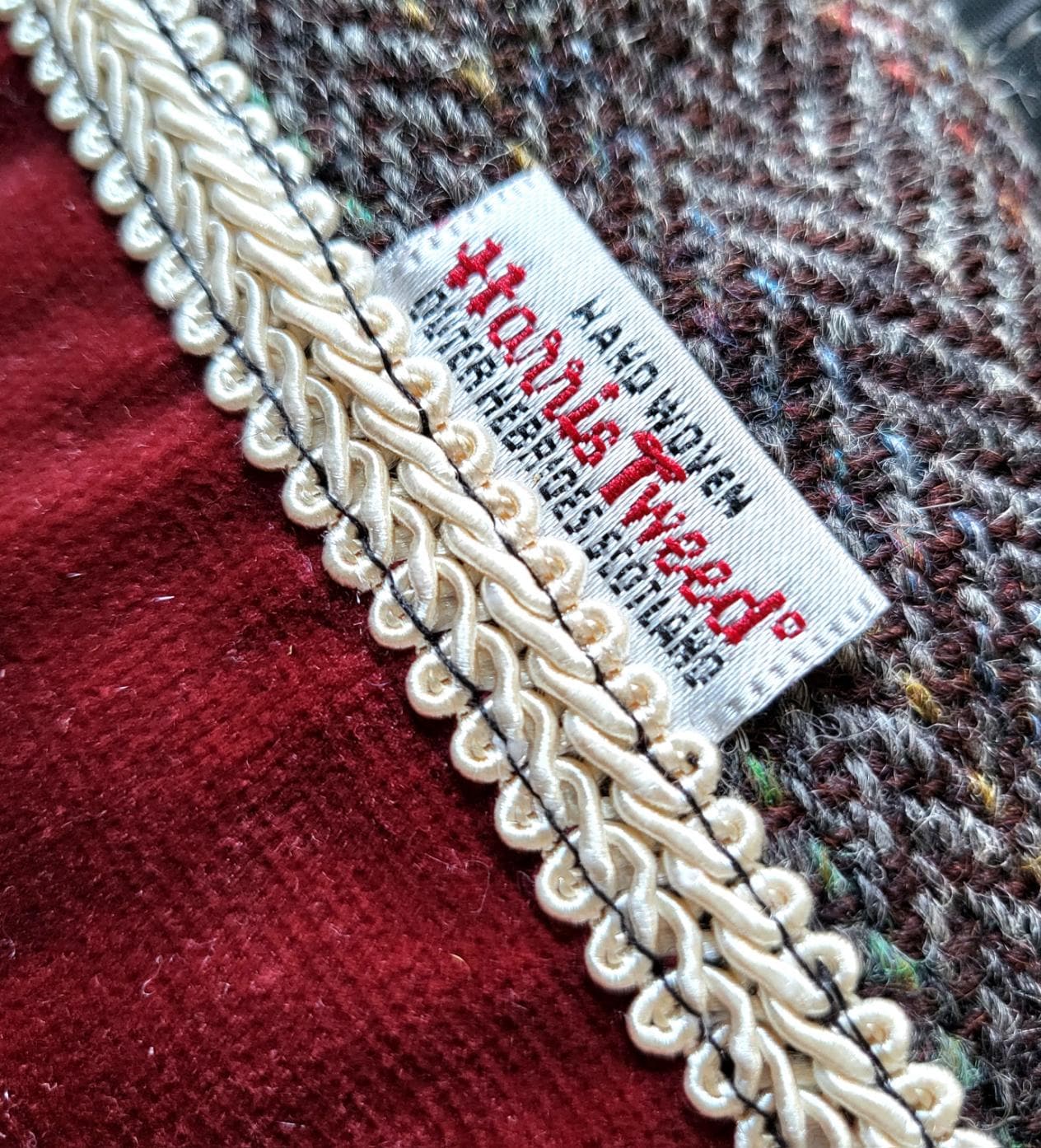Handmade OOAK Harris Tweed & Velvet Clutch Bag Wristlet Pouch Herringbone Brown Fully Lined In Red Great For Travel Holiday Etc Gift HTA4
