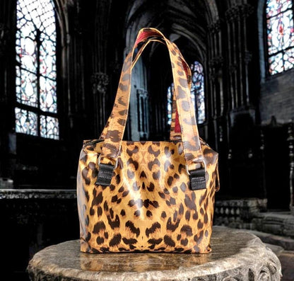 Handmade OOAK PVC Leopard Print Bowling Style Bag Handbag Brown Tan Red Animal Print Fully Lined Cute Gift Idea Waterproof BG19