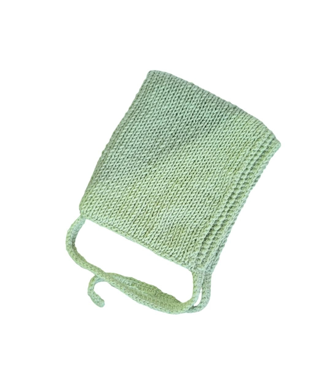 Handmade Green Merino Wool Pixie Bonnet - Adult Knitted Tie Hat