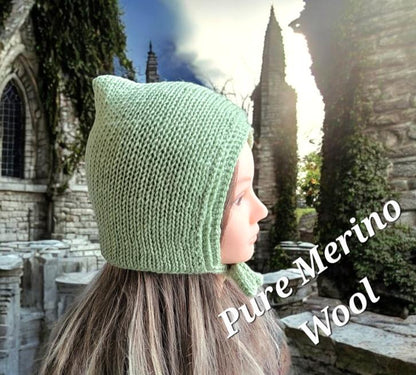 Handmade Green Merino Wool Pixie Bonnet - Adult Knitted Tie Hat