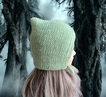 Handmade Green Merino Wool Pixie Bonnet - Adult Knitted Tie Hat