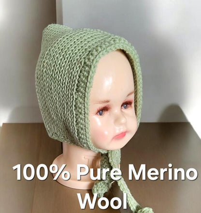Handmade Merino Wool Knitted Baby Bonnet – Green Pixie Hat (6-18 Months)