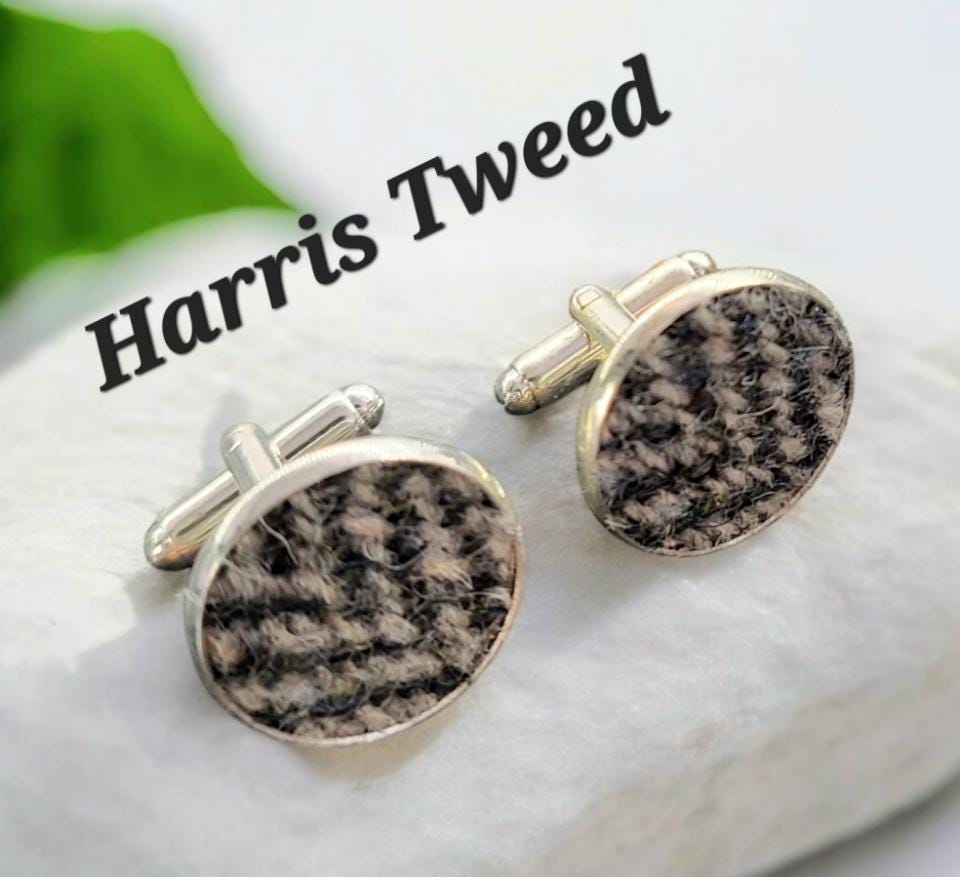 Handmade Harris Tweed Cufflinks, Grey Herringbone, Gift Box