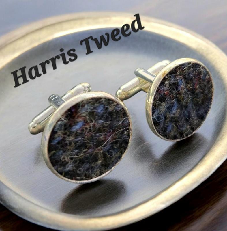 Handmade Harris Tweed Cufflinks, Grey & Blue Fleck, 18mm