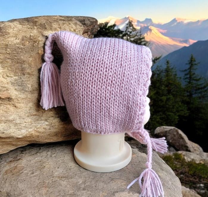 Dusky Pink Knitted Baby Bonnet – Woodland Elf Style, 6-18 Months