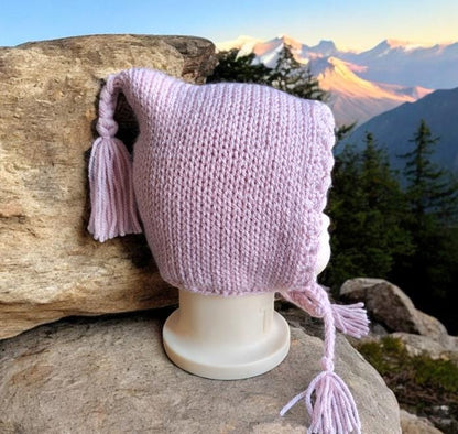 Dusky Pink Knitted Baby Bonnet – Woodland Elf Style, 6-18 Months