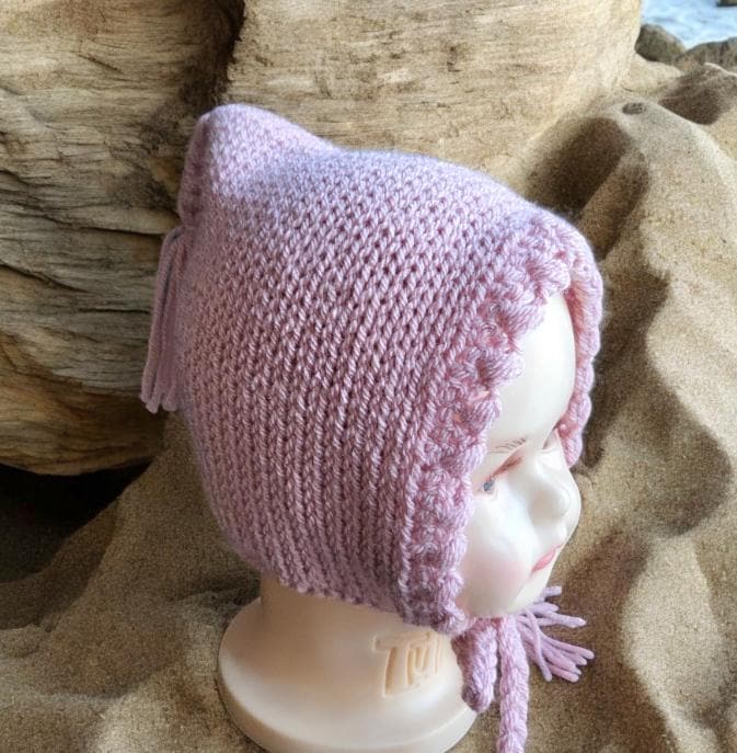 Dusky Pink Knitted Baby Bonnet – Woodland Elf Style, 6-18 Months