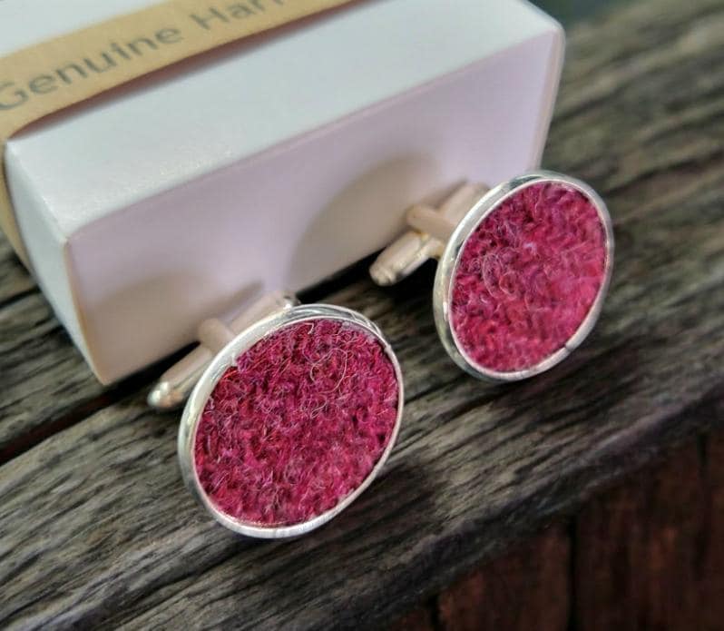 Handmade Harris Tweed Cufflinks, Raspberry Pink Red, Gift Boxed