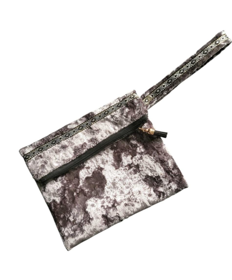 Silver Grey Crushed Velvet Clutch Bag Wristlet With Braid OOAK Fully Lined In Lilac Zip Up Party Holiday Goth Funky Travel Gift BG24