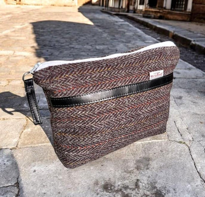 Handmade OOAK Harris Tweed & Velvet Cosmetics Wash Bag Showerproof Herringbone Brown Fully Lined Make Up Toiletries Travel Holiday Gift BG34