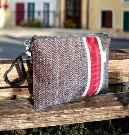 Handmade OOAK Harris Tweed & Velvet Clutch Bag Wristlet Pouch Herringbone Brown Fully Lined In Red Great For Travel Holiday Etc Gift HTA4