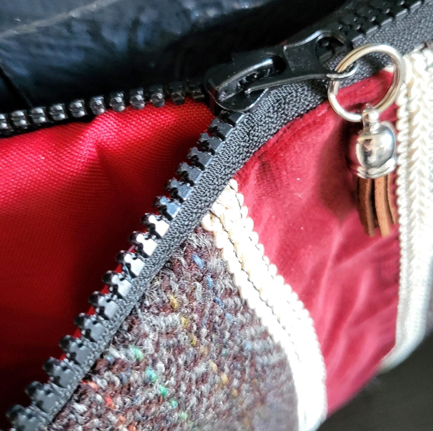 Handmade OOAK Harris Tweed & Velvet Clutch Bag Wristlet Pouch Herringbone Brown Fully Lined In Red Great For Travel Holiday Etc Gift HTA4