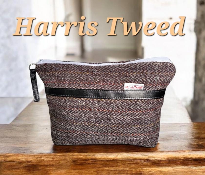Handmade OOAK Harris Tweed & Velvet Cosmetics Wash Bag Showerproof Herringbone Brown Fully Lined Make Up Toiletries Travel Holiday Gift BG34