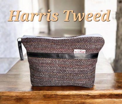 Handmade OOAK Harris Tweed & Velvet Cosmetics Wash Bag Showerproof Herringbone Brown Fully Lined Make Up Toiletries Travel Holiday Gift BG34