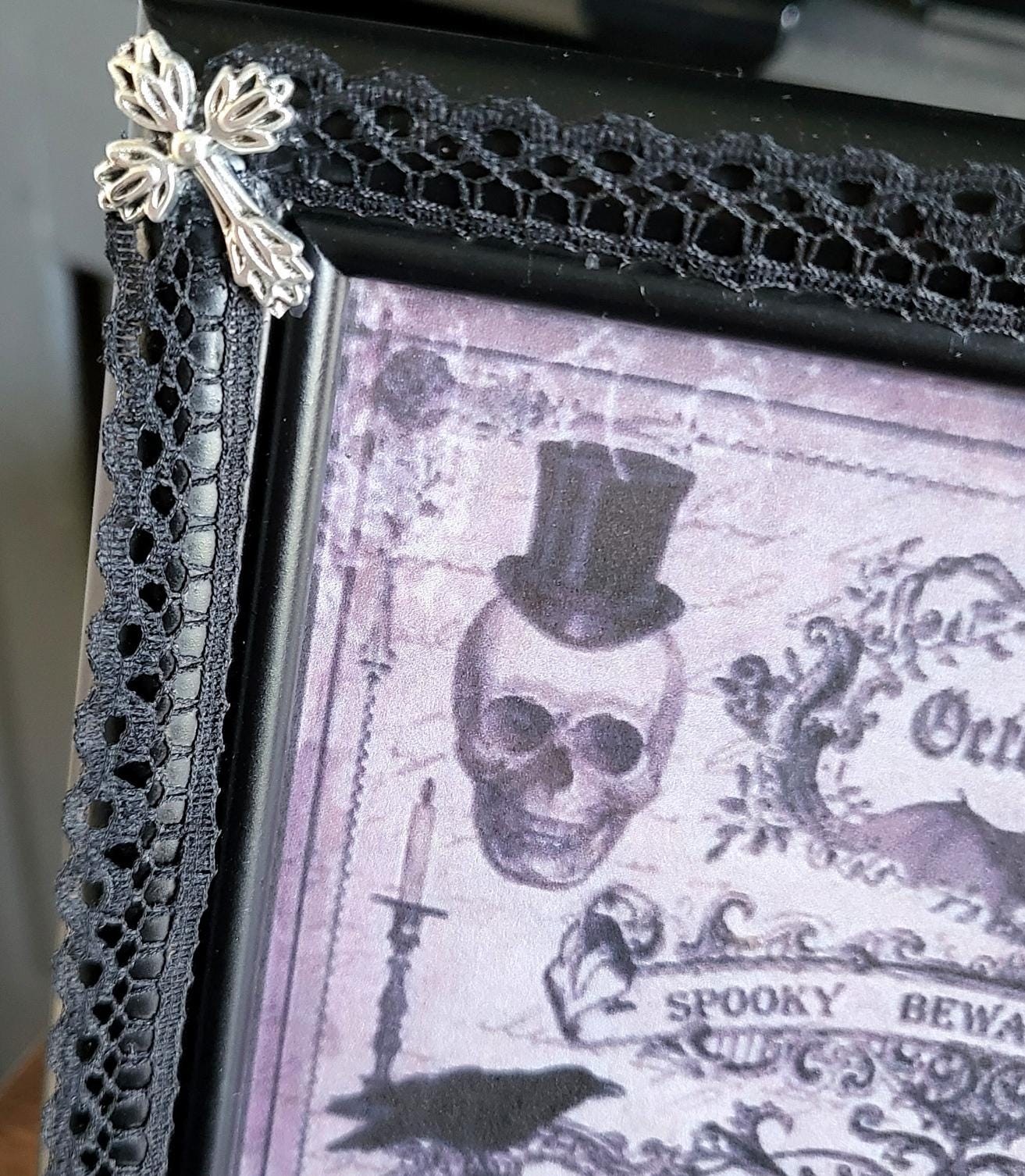 Picture Photo Frame OOAK Handpainted Black Lace Covered With Silver Crosses 8" x 6" Gothic Decor Homes Interiors Great Gift FR13