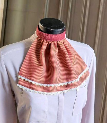 Regency Burgundy Gold Striped Jabot, Victorian Cravat with Lace