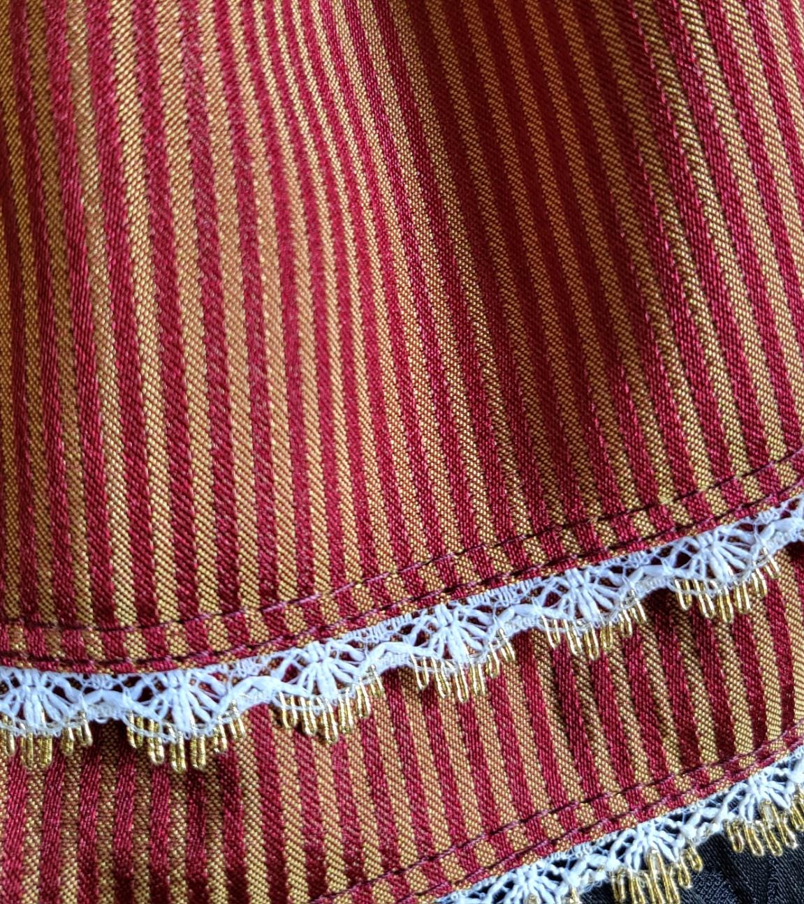 Regency Burgundy Gold Striped Jabot, Victorian Cravat with Lace