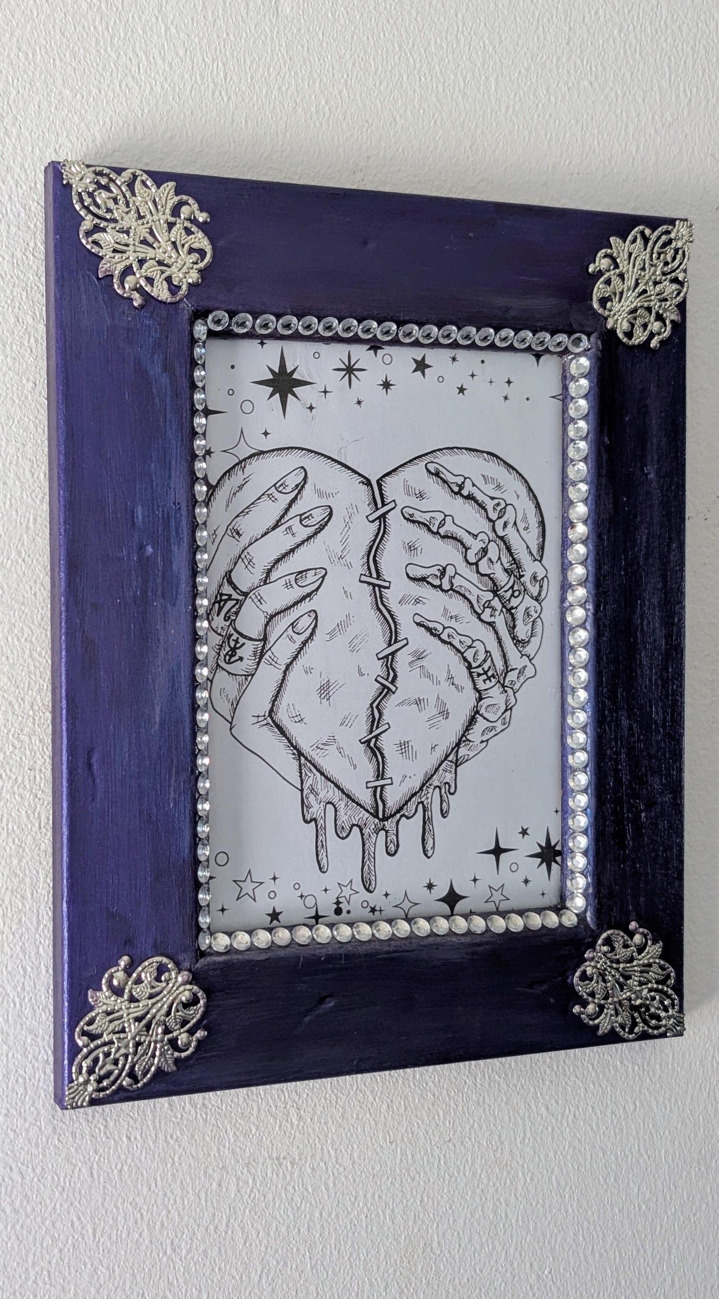 5 x 7 wall hanging portrait chunky wooden, metallic sheen purple, silver and diamante picture photo frame funky home decor ooak unique gift