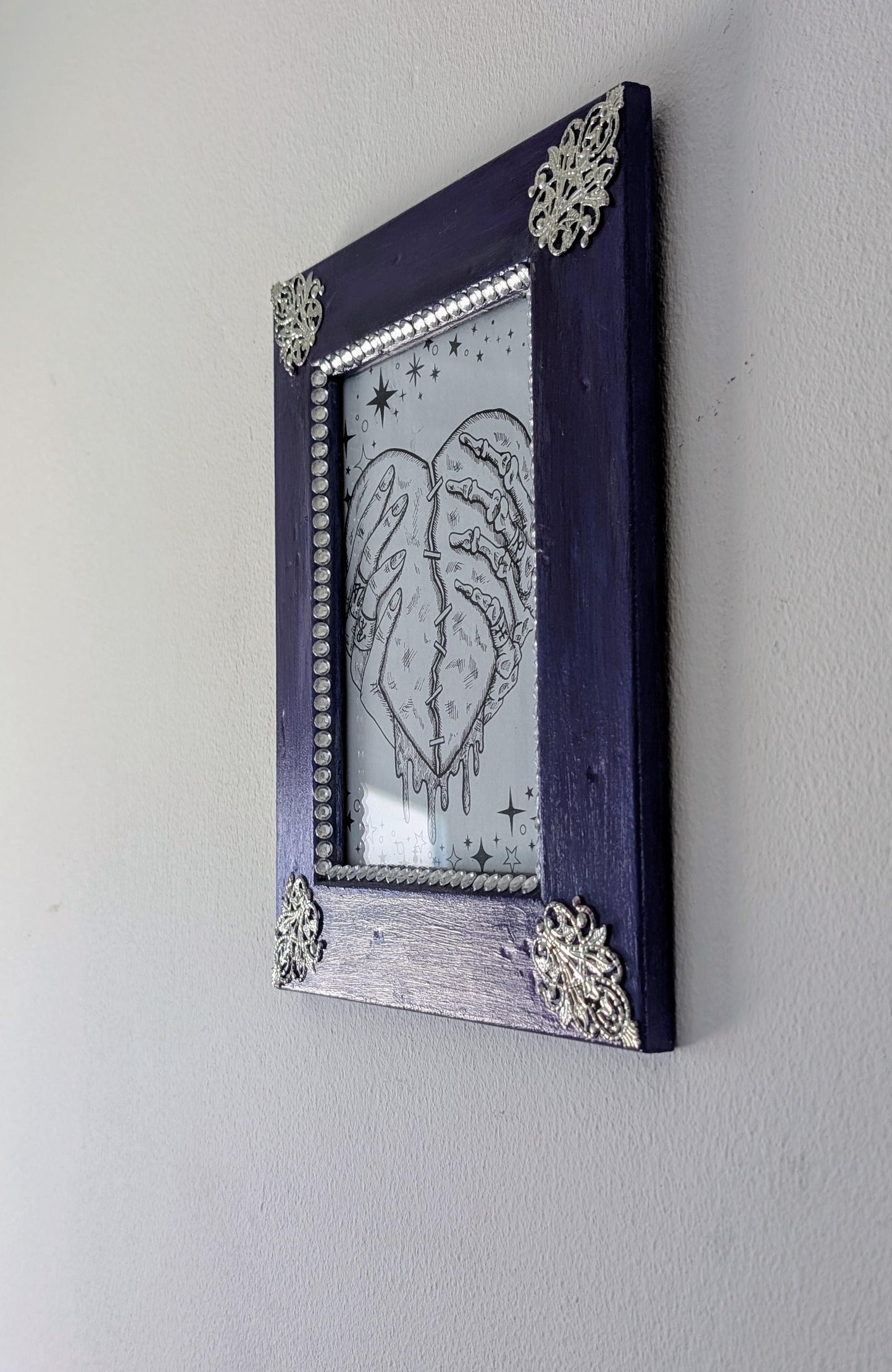 5 x 7 wall hanging portrait chunky wooden, metallic sheen purple, silver and diamante picture photo frame funky home decor ooak unique gift