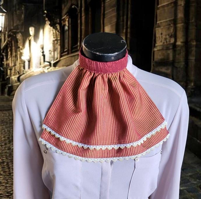 Regency Burgundy Gold Striped Jabot, Victorian Cravat with Lace