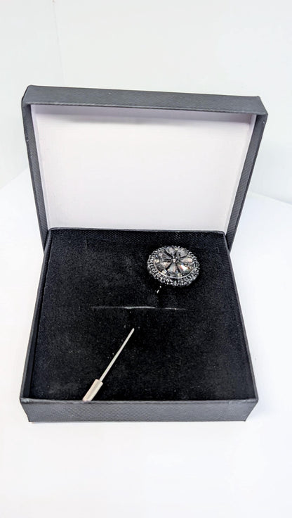 Handmade grey diamantés round decorative lapel pin set in antique silver tone metal gift box dapper gentleman groom gothic wedding unique