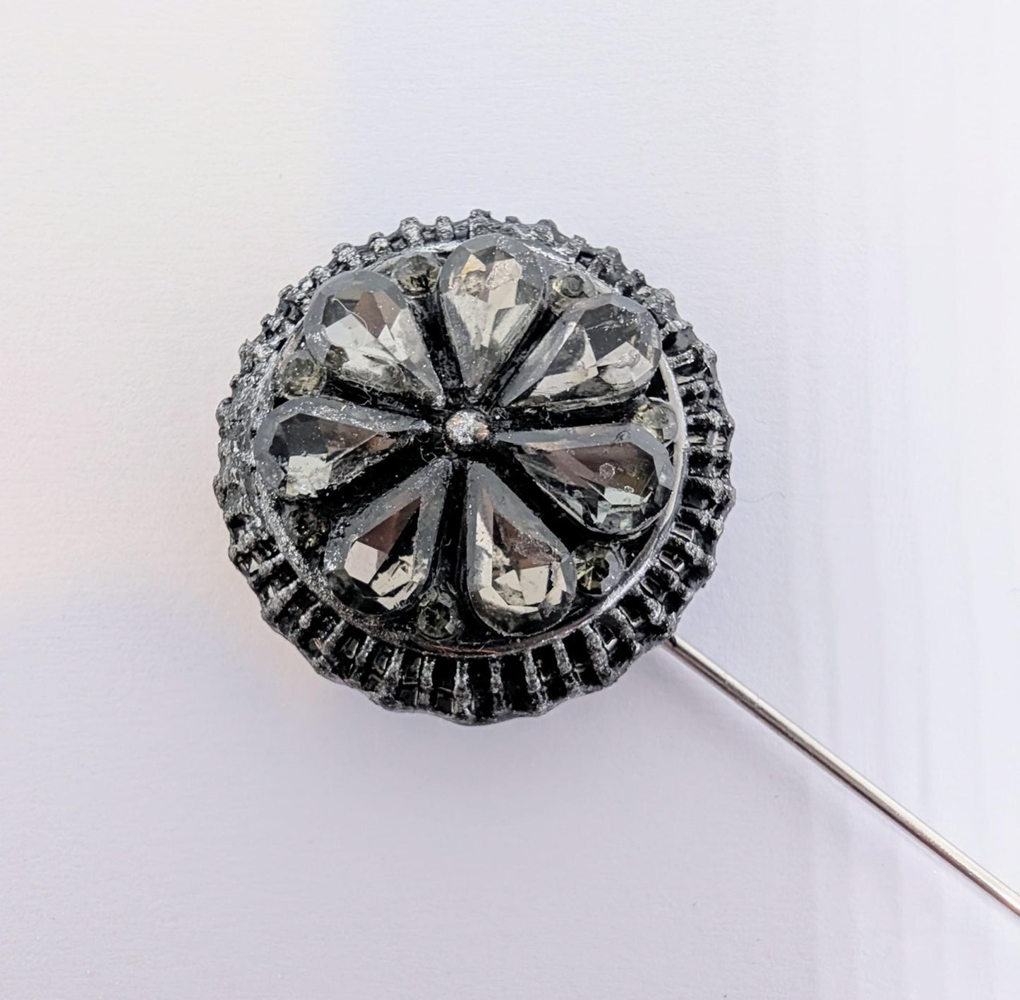 Handmade grey diamantés round decorative lapel pin set in antique silver tone metal gift box dapper gentleman groom gothic wedding unique