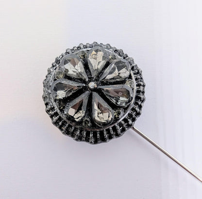 Handmade grey diamantés round decorative lapel pin set in antique silver tone metal gift box dapper gentleman groom gothic wedding unique