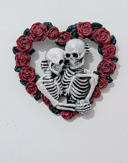 Skeleton Lovers in heart made of red rose Hand made and painted. Gothic wall decor wedding gift romantic goth couples house warming present