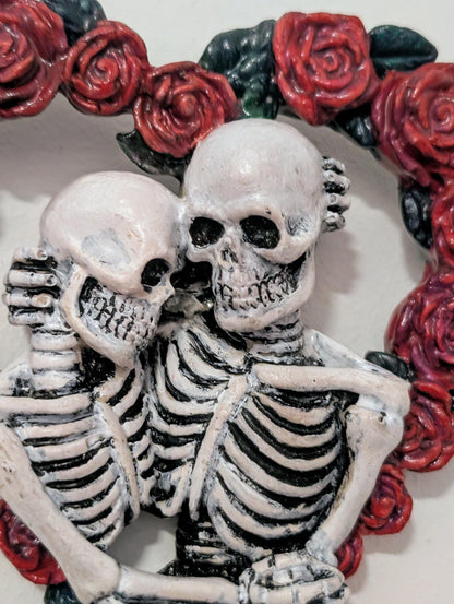 Skeleton Lovers in heart made of red rose Hand made and painted. Gothic wall decor wedding gift romantic goth couples house warming present