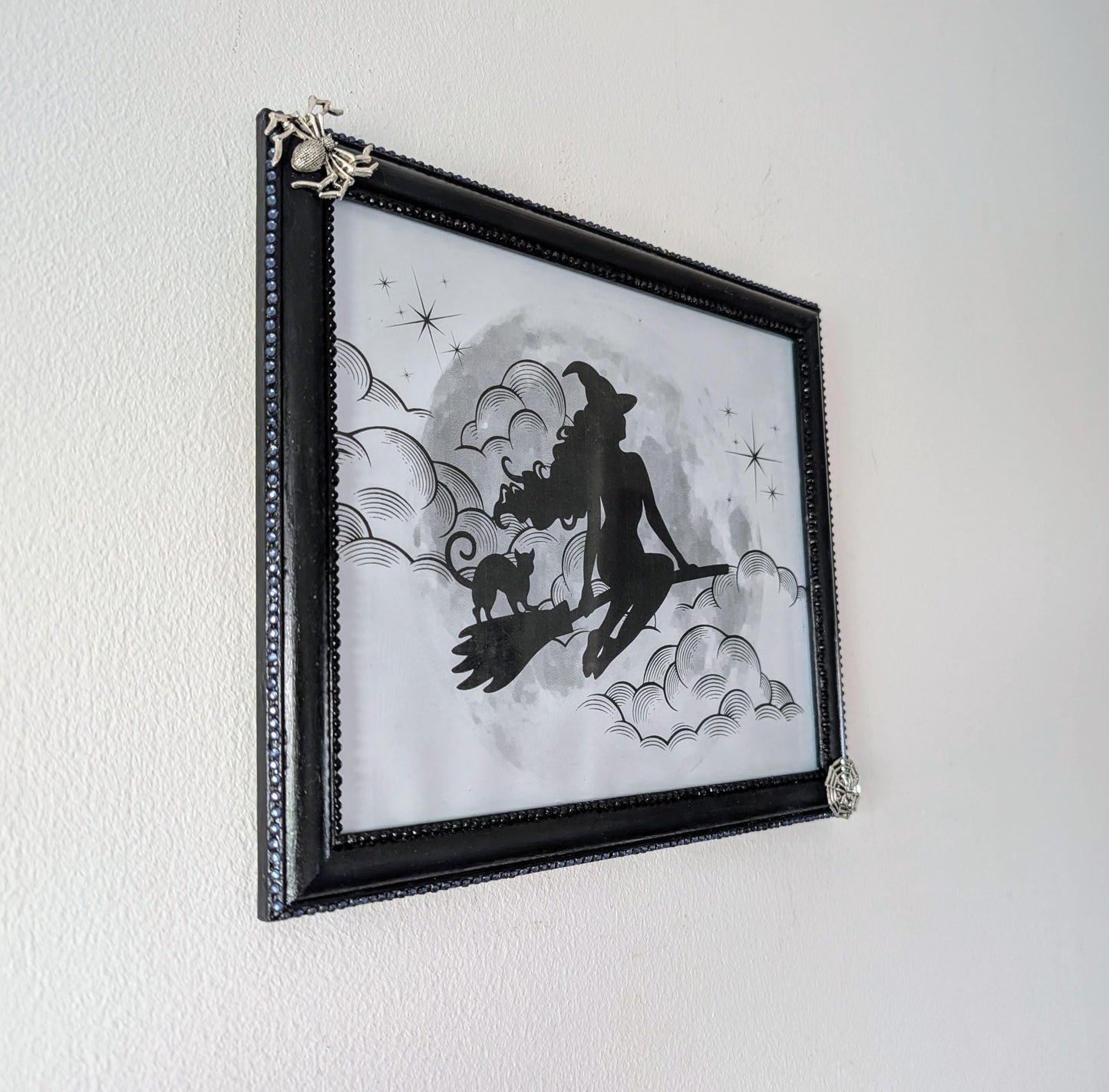 8 x 10" landscape gothic inspired picture photo frame hand painted black. Embellished with smokey blue/grey + black gems, spiders + cobweb