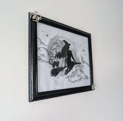 8 x 10" landscape gothic inspired picture photo frame hand painted black. Embellished with smokey blue/grey + black gems, spiders + cobweb