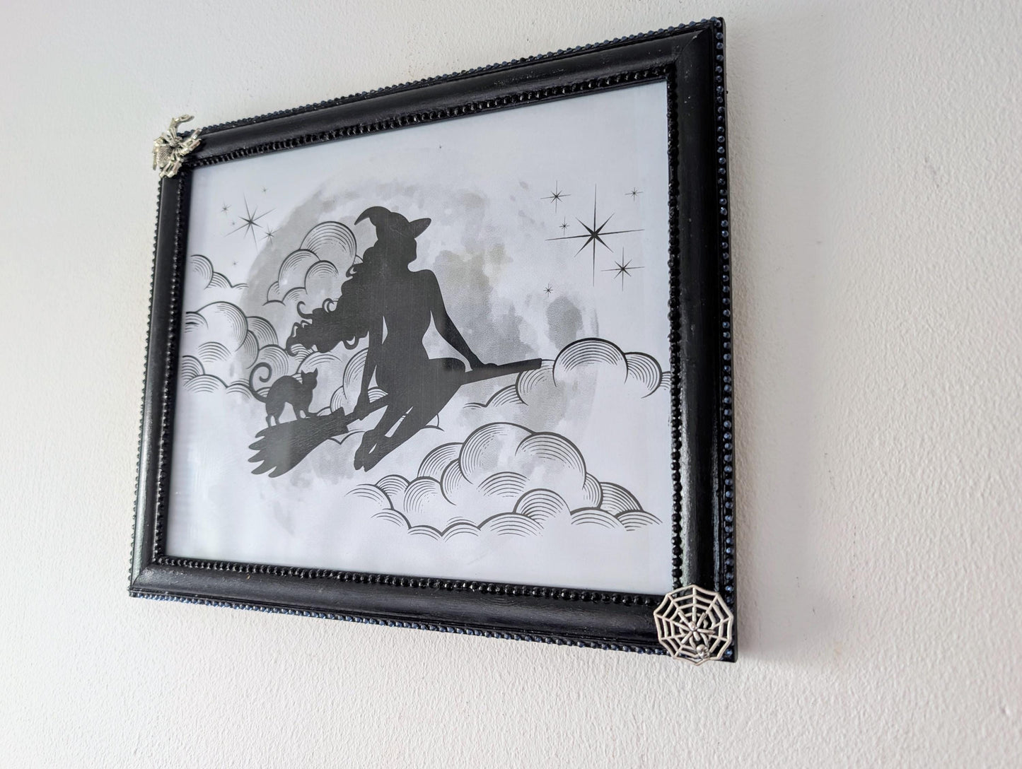 8 x 10" landscape gothic inspired picture photo frame hand painted black. Embellished with smokey blue/grey + black gems, spiders + cobweb