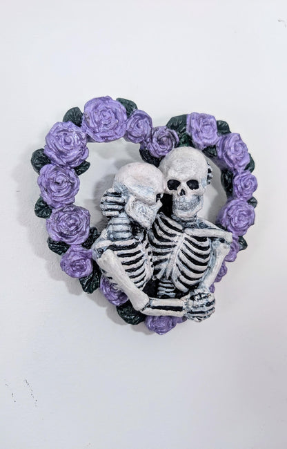 Skeleton Lovers in a heart made of lilac roses Hand made and painted. Gothic wall hanging decor wedding gift goth couples house warming