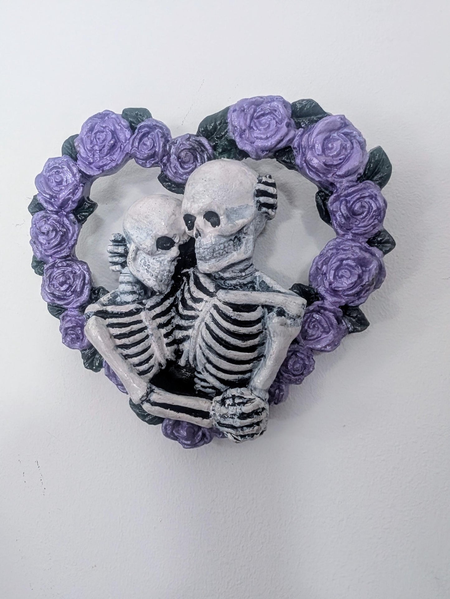 Skeleton Lovers in a heart made of lilac roses Hand made and painted. Gothic wall hanging decor wedding gift goth couples house warming