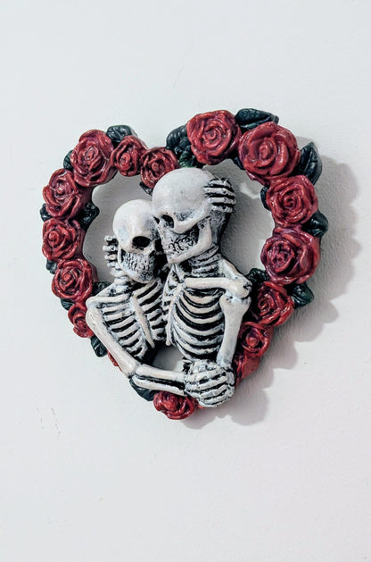 Skeleton Lovers in heart made of red rose Hand made and painted. Gothic wall decor wedding gift romantic goth couples house warming present